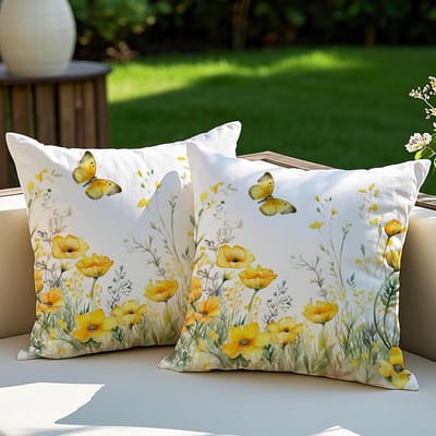 Set van 2 Weerbestendige Sierkussens voor Buiten - Geel Bloemmotief 50x50 cm