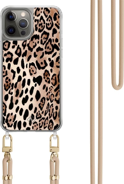Casimoda® hoesje met beige koord - Geschikt voor iPhone 12 Pro - Luipaard print bruin - Afneembaar koord - TPU/polycarbonaat - Bruin/beige