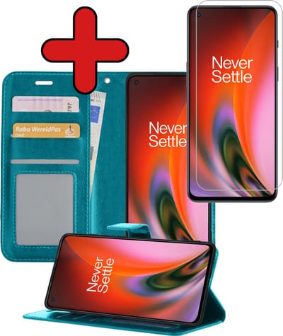 Hoesje - Met Screenprotector - Geschikt voor OnePlus Nord 2 - Luxe Pasjeshouder - Flipcase - Bookcase Portemonee - Flip Case - Kunstleer Book Case - Book Cover - Walletcase - Portemonneehoes - Telefoonhoes - Turquoise