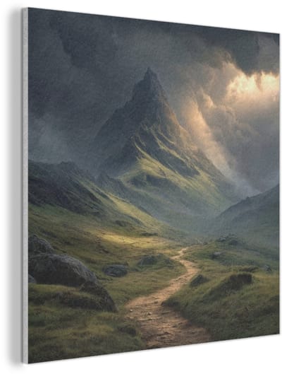 Akoestisch wandpaneel 40x40 cm - Vilt schilderij Bergen - Kronkelpad - Groen - Wolken - Akoestische panelen - Geluidsdempende wanddecoratie - Geluidsisolatie woonkamer - Muurdecoratie geluidspanelen