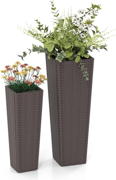 KOMFOTTEU Set van 2 hoge plantenbakken, grote conische plantenbakken met binnenplanken, drainagegaten, decoratieve PP-bloempotten voor veranda, terras, tuin, achtertuin