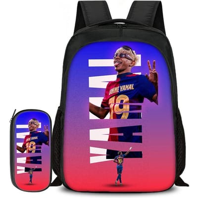 2-delige Set Boekentas Etui Schooltassen L-Lamin Yamal Kinderen School Dubbellaags Rugzak Voetbalster Voetbal Sport Mochila