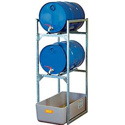 Vatenrek type 120 variant 1 CEMO, met opvangbak en vatensteun, 2 x 60-L vaten, L 450 x B 820 x H 1310 mm