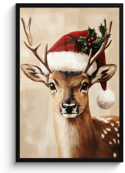 Poster in lijst - Fotolijst 60x90 cm - Posters - Kerst - Hert - Gewei - Rood - Posterlijst zwart - Decoratie - Wanddecoratie woonkamer - Muurdecoratie slaapkamer - Kerstversiering - Kerstdecoratie voor binnen - Kerstmis