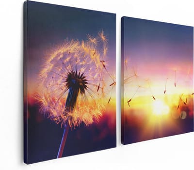 Artaza Canvas Schilderij Tweeluik Paardenbloem Tijdens Zonsondergang - 120x80 cm - Wanddecoratie Woonkamer - Schilderijen - Muurdecoratie