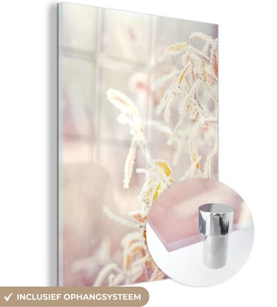 MuchoWow® Glasschilderij 30x40 cm - Schilderij acrylglas - Winter - Takken - Sneeuw - Natuur - Foto op glas - Schilderijen