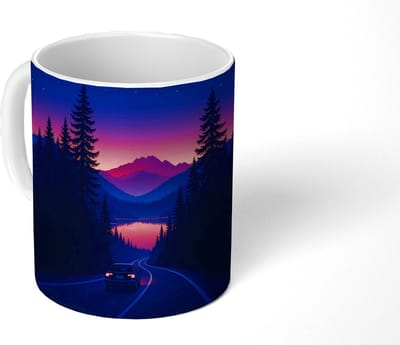 Mok - Koffiemok - Auto - Donkere dennenbomen - Zonsondergang - Mokken - 350 ML - Beker - Koffiemokken - Theemok