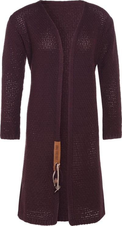 Knit Factory Luna Lang Gebreid Vest Aubergine - Gebreide dames cardigan - Lang vest tot over de knie - Paars damesvest gemaakt uit 30% wol en 70% acryl - 36/38
