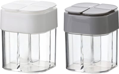 2-pack - 4-in-1 kruidenpotjesset - Zout- en peperstrooiers + kruidendispenser - Vier compartimenten in één ontwerp - Mini en draagbaar - Geschikt voor meerdere scenario's - Kruidencombinatiepot