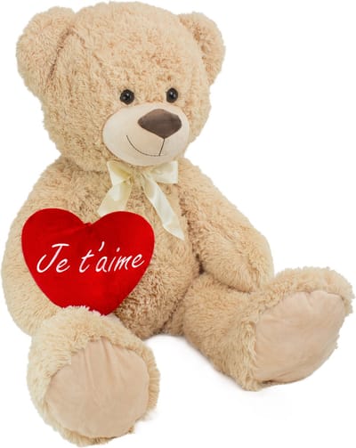 BRUBAKER - XXL Teddybeer 100 cm met een Hartje - Je t'aime - Zacht Speelgoed Knuffel - Beige - Cadeau - Valentijn