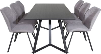 MarinaBLBL eethoek eetkamertafel zwart en 6 Gemma eetkamerstal grijs.
