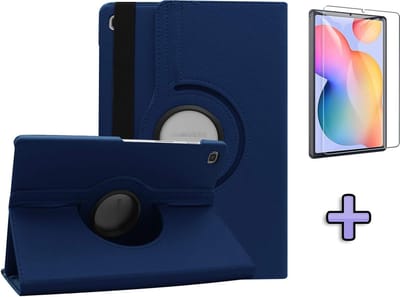 HB Hoes Geschikt voor Samsung Galaxy Tab S6 Lite - Draaibare Tablet Case met Standaard - Donker Blauw & Glazen Screenprotector