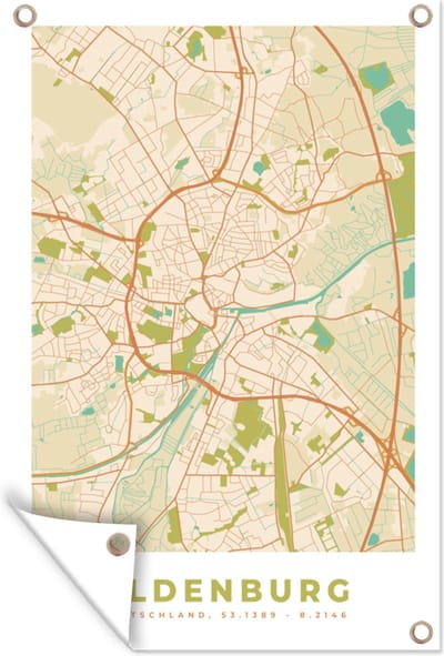 Muurdecoratie Kaart - Oldenburg - Vintage - Plattegrond - Stadskaart - 120x180 cm - Tuinposter - Tuindoek