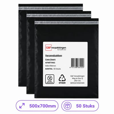 Verzendzakken Zwart 500x700 mm - 50 Stuks - CoEx LDPE - Zelfklevende Plakstrip - Scheurvast & Waterafstotend | G&F Verpakkingen
