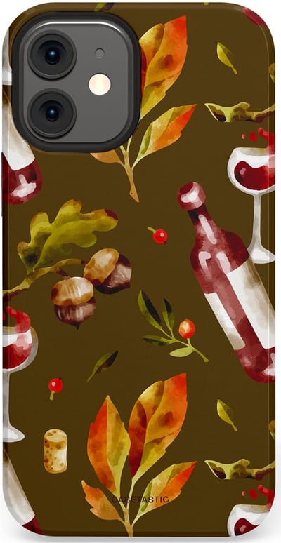 Casetastic Hoesje Geschikt voor Apple iPhone 12 Mini - Stijlvolle Beschermende Duo-layer Case - Rode Wijn Bladeren