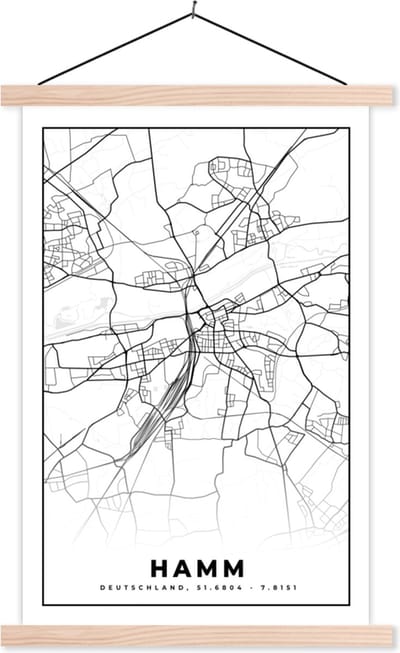 Posterhanger incl. Poster 40x60 cm - Schoolplaat - Plattegrond - Hamm - Stadskaart - Kaart - Textielposter - Blanke latten - Stadskaart