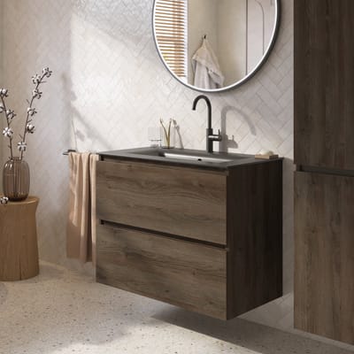 Saqu Terra badmeubel incl. mat witte keramische wastafel 80x46x66cm sepia eiken