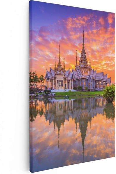 Artaza Canvas Schilderij Tempel Thailand - 20x30 cm - Klein - Wanddecoratie Zon - Muurdecoratie Reflectie - Kamer Accessoires