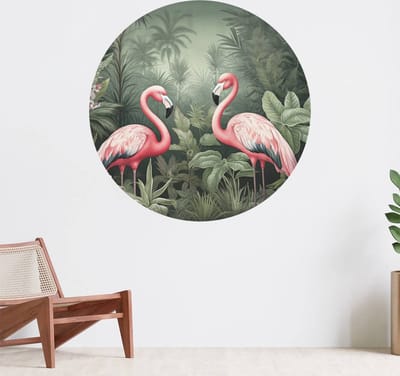 Muurcirkel zelfklevend behang - Flamingo’s Florale Oase - Wanddecoratie - 080cm behangcirkel - Ronde sticker voor aan de muur - Behangsticker verkrijgbaar in verschillende formaten