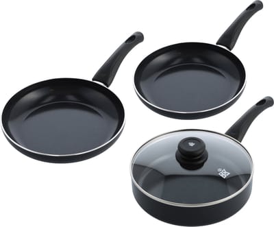 BK Brilliant 3-delige pannenset - Koekenpannen 24/28cm & Hapjespan 24cm met deksel - PFAS-vrije antikleeflaag - Inductie geschikt - Vaatwasserbestendig - Zwart