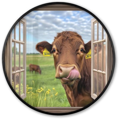 Poster in lijst Rond - Fotolijst 60x60 cm - Posters - Doorkijk - Koe - Weiland - Landschap - Dieren - Ronde posterlijst zwart - Decoratie - Wanddecoratie woonkamer - Muurdecoratie slaapkamer