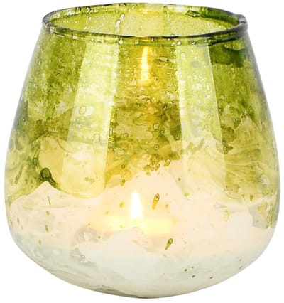 Dekoratief | Theelichthouder 'Green Waze', groen/wit, glas, 11x11x11cm | A258175