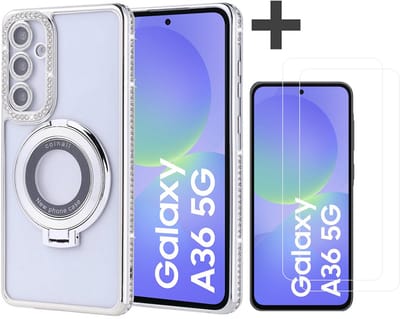 Hoesje met Ringhouder Geschikt voor Samsung Galaxy A36 met Diamant Glitters en 2 Stuks Gehard Glas Screenprotector – Arara Backcover - Zilver