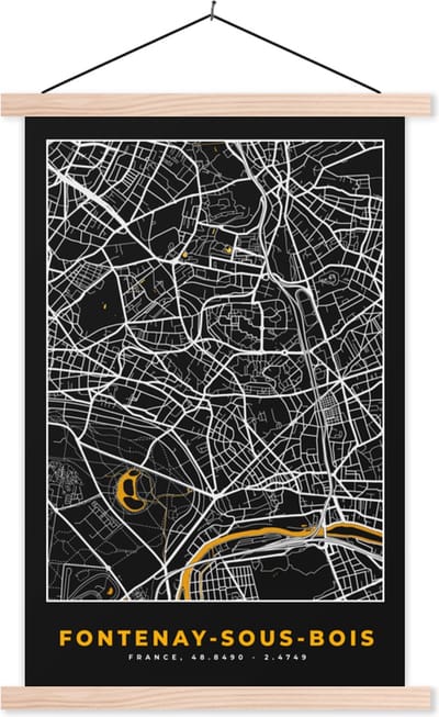 Posterhanger incl. Poster 40x60 cm - Schoolplaat - Frankrijk – Fontenay-sous-Bois – Stadskaart – Plattegrond – Kaart - Textielposter - Blanke latten - Stadskaart