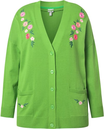 Ulla Popken - Dames - Vest bloemenborduursel V-hals lange mouwen - Grasgroen - Maat 46+