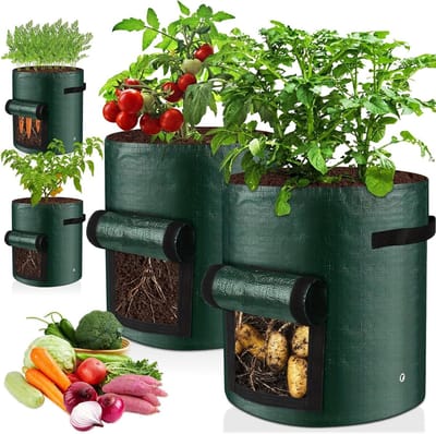 Potato Grow Bags - 4 Stuks Waterdichte Groentetassen met Handvatten en Toegangsklep, Ideaal voor Aardappelen, Tomaten, Komkommers en Bloemen, 10 Gallon Ademend Tuinplantmateriaal