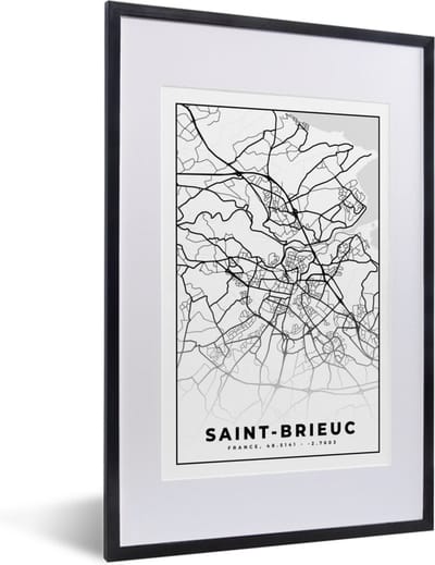 Fotolijst incl. Poster Zwart Wit- Stadskaart – Frankrijk – Kaart – Saint-Brieuc - Plattegrond - Zwart wit - 40x60 cm - Posterlijst