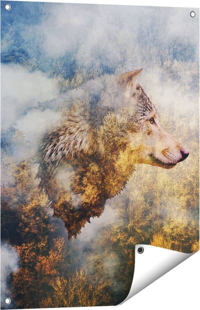 Gards Tuinposter Wolvenkop op een Herfstbos - Wolf - Abstract - 60x80 cm - Tuindoek - Tuindecoratie - Wanddecoratie buiten - Tuinschilderij