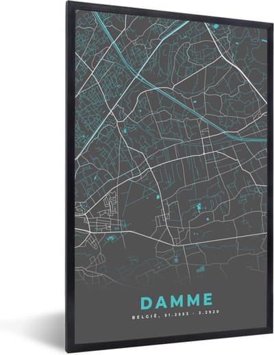Fotolijst incl. Poster - Kaart – Plattegrond – Stadskaart – Damme – België - Grijs - 40x60 cm - Posterlijst