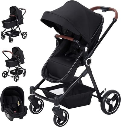 3-in-1 Kinderwagenset – Buggy met reiswieg en autostoeltje – Vanaf de geboorte tot 26 kg – Met één hand inklapbaar – Verstelbare rugleuning – Omkeerbare zitting – Zwart