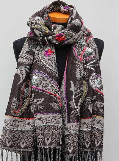 Wollen geborduurde sjaal en omslagdoek Zwart-Paisley, Merino wol, 72 * 190 cm
