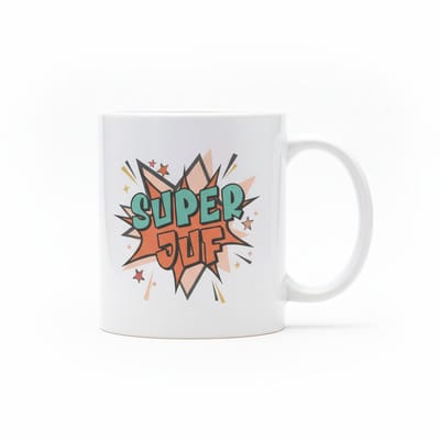 “Super Juf” Mok 330 ml – Kleurrijke Stripstijl Beker – Perfect Bedankcadeau voor Juffen & Leerkrachten