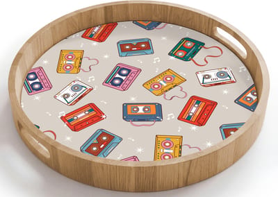 Dienblad rond 40x40 cm - Schootdienblad hout - Muziek - Cassette - Patroon - Borrelplank rechthoek - Plateau houten dienbladen