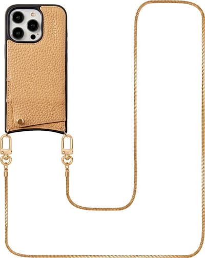 Casies leren hoesje geschikt voor Apple iPhone 11 met lang gouden koord en pasjeshouder - 100% echt leer - Bruin - Telefoonhoesje met strap - Telefoonkoord