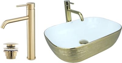 Opzetwastafel met kraan - Wastafel set - Badkamer inrichten - Keramische wastafel - 465x335x135 cm - Wit glans goud