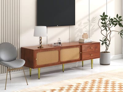 Wishdor Tv-Meubel - 2 Schuiflades - 2 Schuifdeuren Van Kunststof Rattan - Met Verstelbare Planken - Mdf - Walnoot - 160 X 40 X 60 Cm