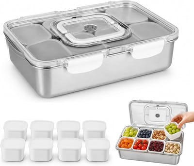 Snackbox met vakken en deksel, snackbord met 8 vakken van roestvrij staal, lekvrije snackdoos, snackschaal, snackdienblad, organizer voor fruit, snoep, maaltijdvoorbereiding, picknick
