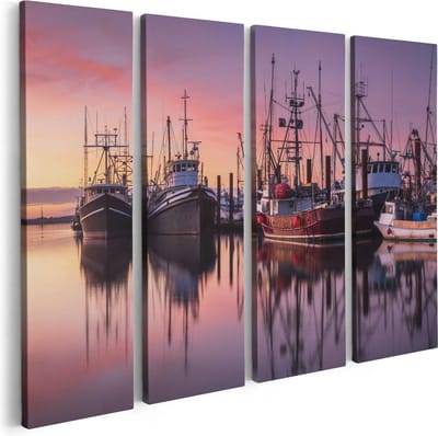 Artaza Canvas Schilderij Vierluik Schepen in de Haven - Boten - 80x60 - Foto Op Canvas - Canvas Print
