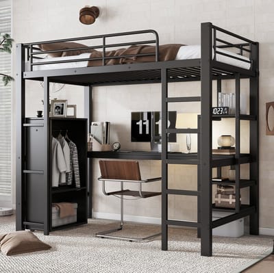 MEUNIQ stapelbed 90x200 cm met bureau, kledingkast, opbergrekken en ladder, zwart metalen bed voor kinderkamer met slaap- en werkplek