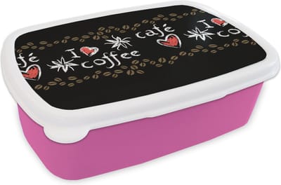 Broodtrommel Roze - Lunchbox - Brooddoos - Koffie - Patronen - Love - 18x12x6 cm - Kinderen - Meisje