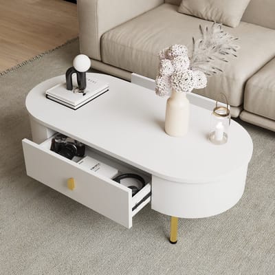 MODENUIT Salontafel - Met 2 Laden En Afgeronde Hoeken - Voor Woonkamer - MDF In Wit En Goud - 108x50x40 Cm