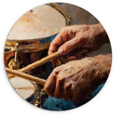 WallCircle® Wandcirkel 120x120 cm - Muurcirkel Drumstokken - Olieverf - Man - Muurdecoratie woonkamer - Wanddecoratie slaapkamer - Kamer decoratie accessoires - Ronde schilderijen XXL