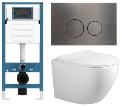 FugaFlow Eccelente Press Toiletset - 48.5x36x32cm - diepspoel - spoelrandloos - inbouwreservoir - softclose - quickrelease - toiletzitting - gunmetal metalen bedieningsplaat - ronde knoppen - wit