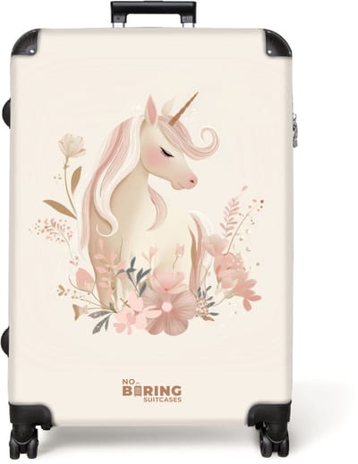NoBoringSuitcases.com® - Koffer groot - Reiskoffer lichtgewicht - Eenhoorn tussen bloemen in roze pastel kleuren - Rolkoffer met 4 wielen - Grote trolley XL - 98 liter bagage