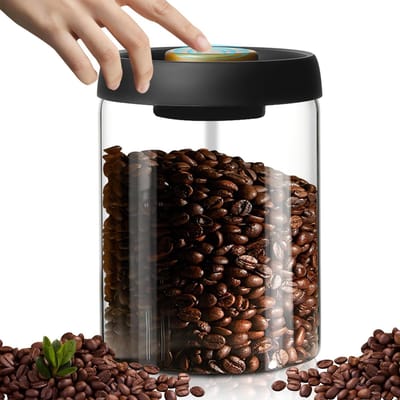 Dailygoods - luchtdichte koffiepot: opslagpot voor koffie, voorraaddoosjes met vacuümdeksel, vacuüm koffiedoos, koffiecontainer van glas, koffiecontainer voor koffiebonen, thee, noten, cacao, koffie (900ml)
