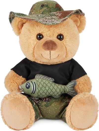 BRUBAKER Teddybeer Visser met Vis en Vissershoed - 25 cm Teddy Knuffeldier - Pluchebeer - Teddybear